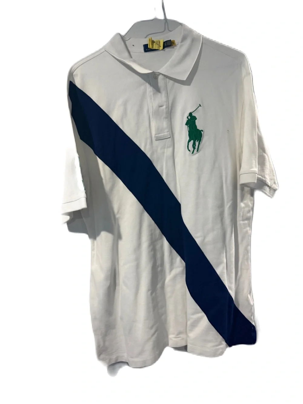 Ralph Lauren White Polo with Navy Diagonal Stripe and Green Logo